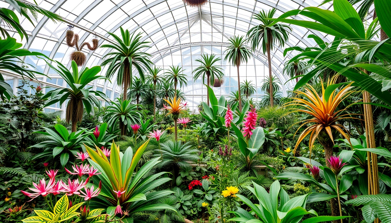 A stunning glass-enclosed botanical garden, filled with exotic plants and flowers. - Image