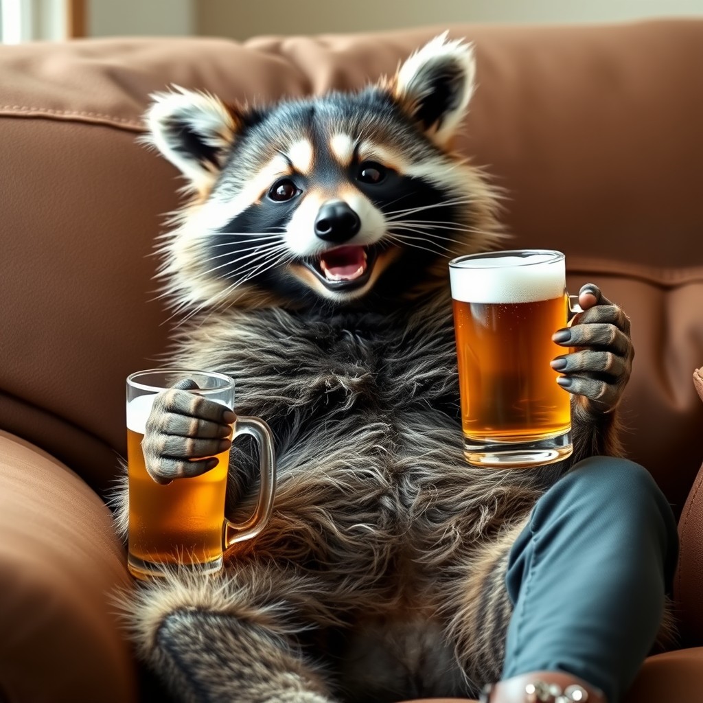 Raccoon sits on the couch and holds a mug of beer in his hand, smile, realistic style, realistic photo. - Image