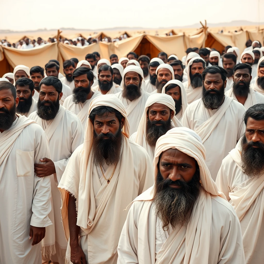 Photo-realistic image of multitudes of bearded black men. They are all dressed in white robes, with fringes on the hems. They live in temporary tent shelters in the desert at the Exodus. - Image