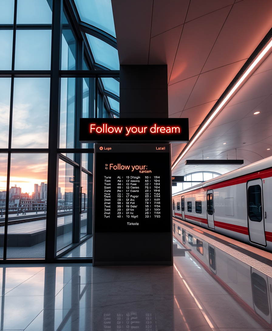 Futuristic interior of the railway station, with beautiful lighting. The glass walls offer stunning views of the city landscape on one side and a standing train on the other side. The train timetable board says "Follow your dream" in large neon letters. The design of the station is concise and modern, with a shining marble floor, with clear lines and a sense of sophistication. - Image