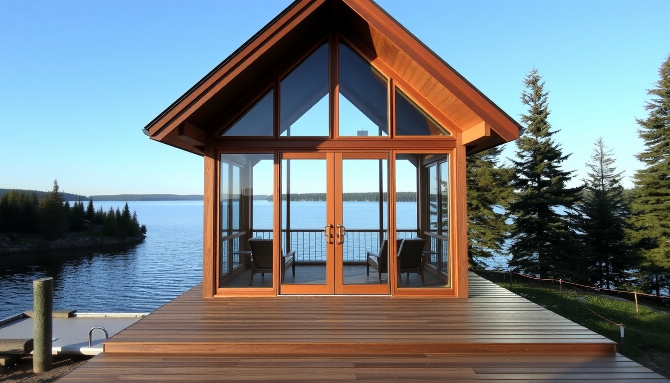 A serene lakeside cabin with a glass front, offering an unobstructed view of the water.