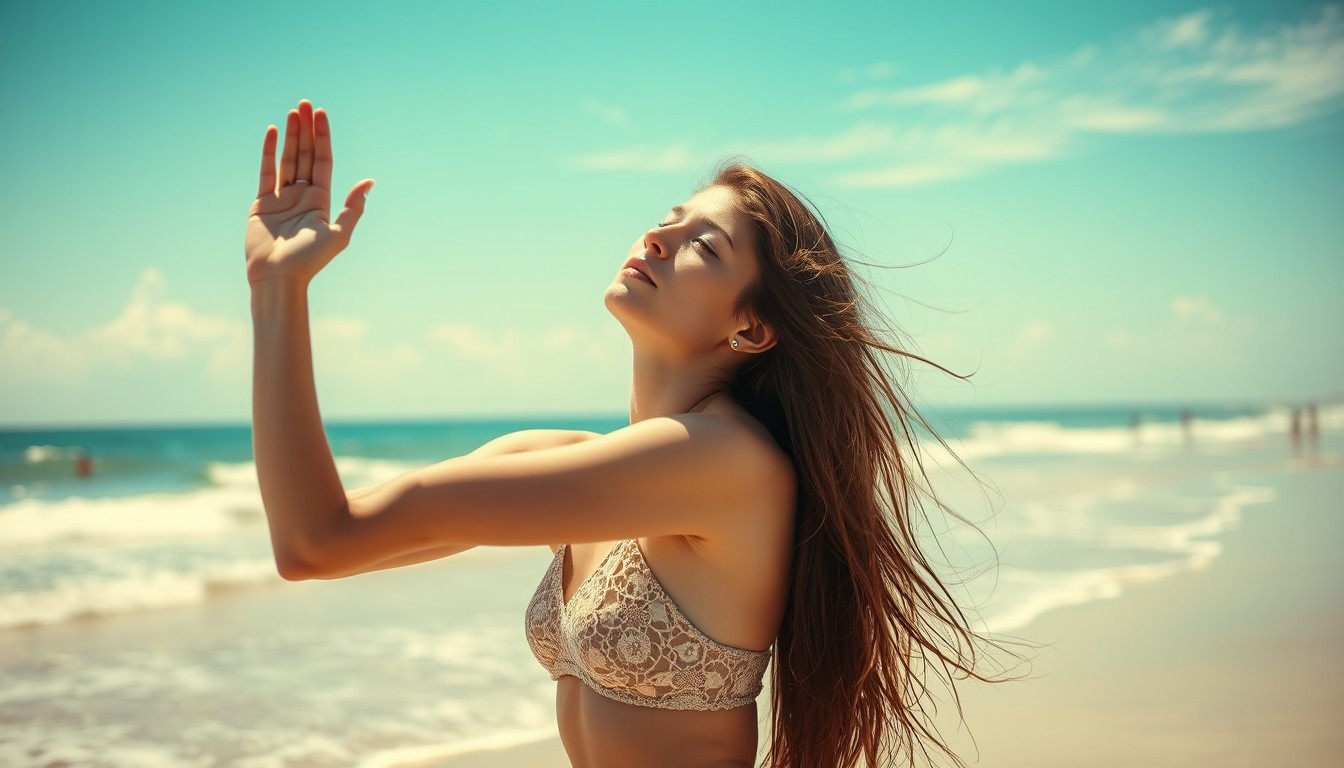 Photo of a young woman at the beach, dynamic pose --ar 16:9 --style raw --stylize 200.