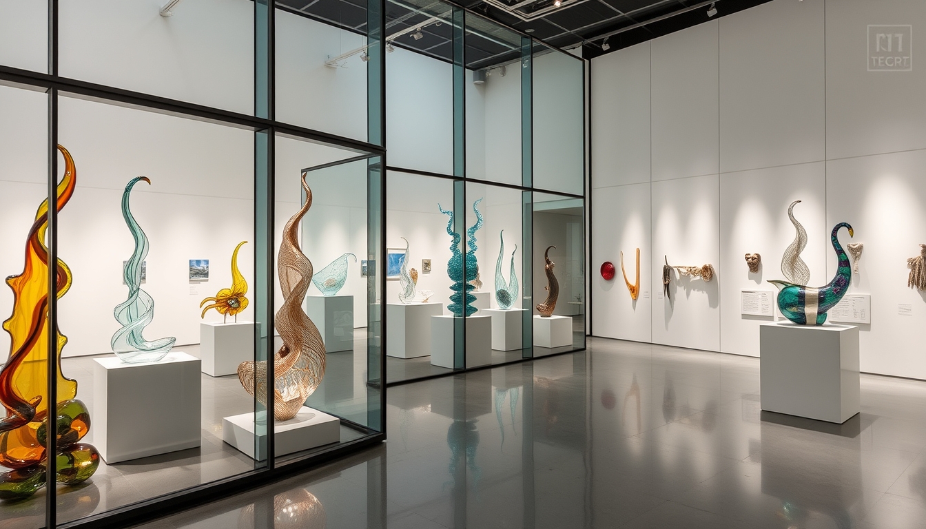 A modern art gallery with glass walls, showcasing contemporary glass sculptures.