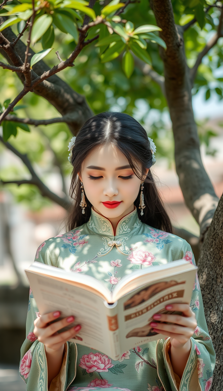 A Chinese beauty is reading a book under a tree.