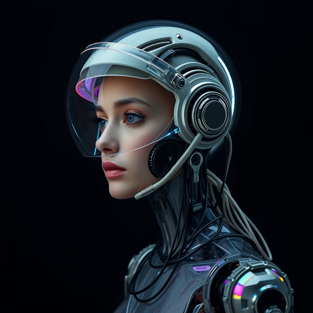 Portrait photography, in front of a black wall, a cyborg astronaut woman head without a body, connected by cables and wires and LED, an attractive transparent iridescent plexiglass body punk PLC robots with plexiglass motor head, with ray guns, 80-degree view, art by Sergio Lopez, Natalie Shau, James Jean, and Salvador Dali.