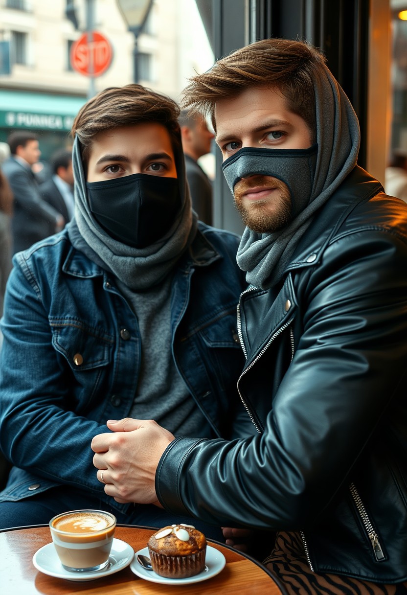 Jamie Dornan's head and body shot, handsome, black face mask, blue jeans jacket, jeans, dating a Muslim girl in a grey hijab with beautiful eyes, black face mask, black leather jacket, biggest tiger pattern skirt, at a cafe, with 2 cups of latte and a muffin cake on a table, photorealistic, hyper realistic, street photography, selfie.