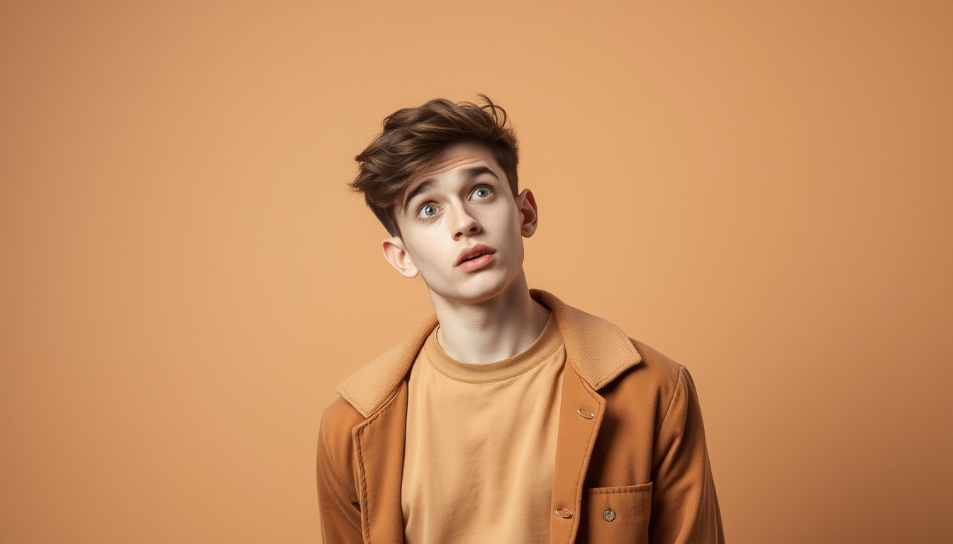 Photo portrait of a pretty young male, shocked, looking at empty space, wearing a trendy brown outfit, isolated on a khaki-colored background.