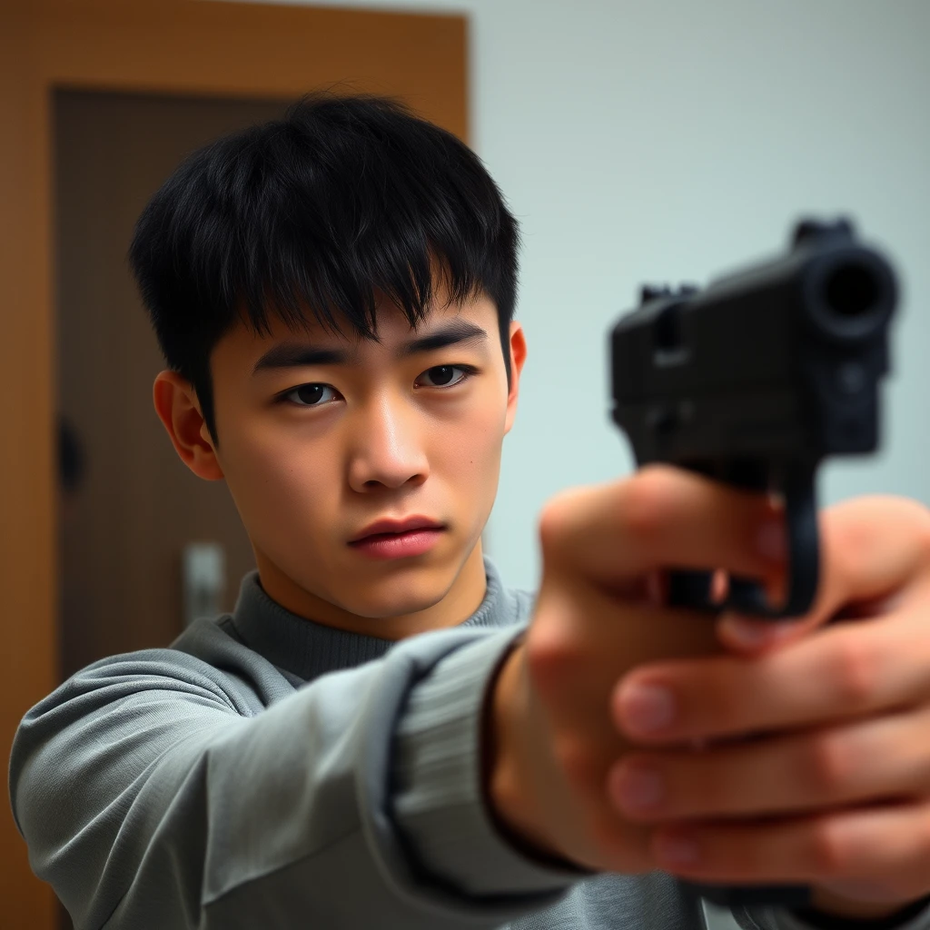 A young man is holding a handgun while looking in the mirror. Note that he is Chinese.