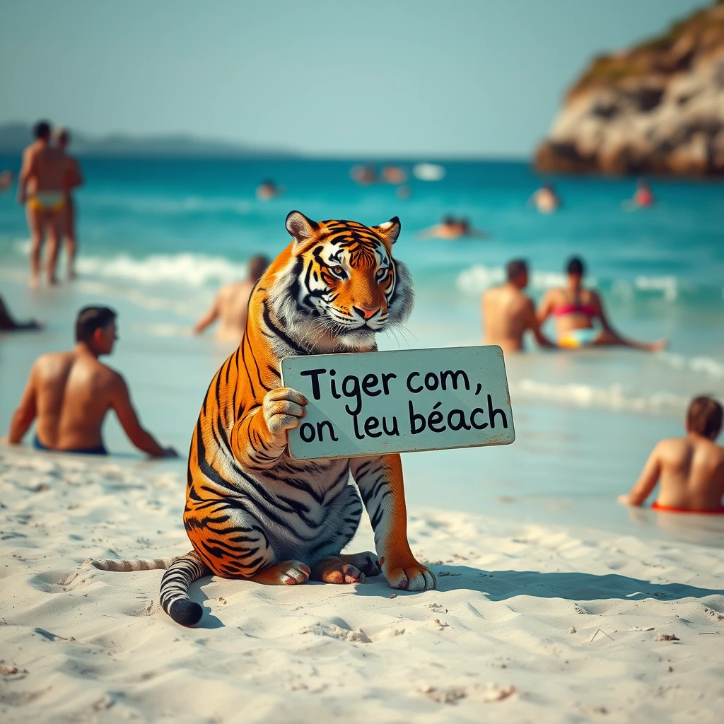 A tiger sitting on a beach with several bathers, the tiger holds a sign that says "Tiger on the beach" in Spanish.