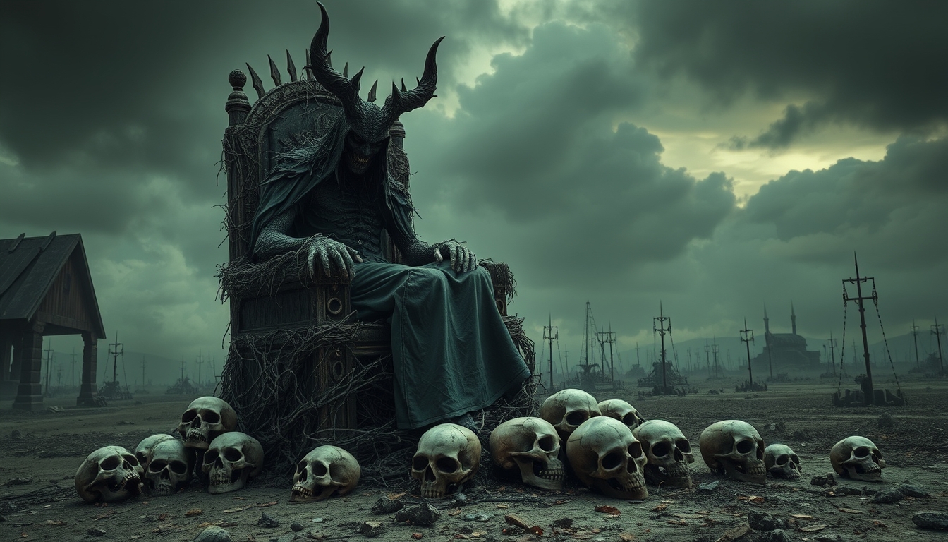 A dark demonic scarecrow sits on a throne covered in thorns, surrounded by skulls on the ground in an apocalyptic wasteland.