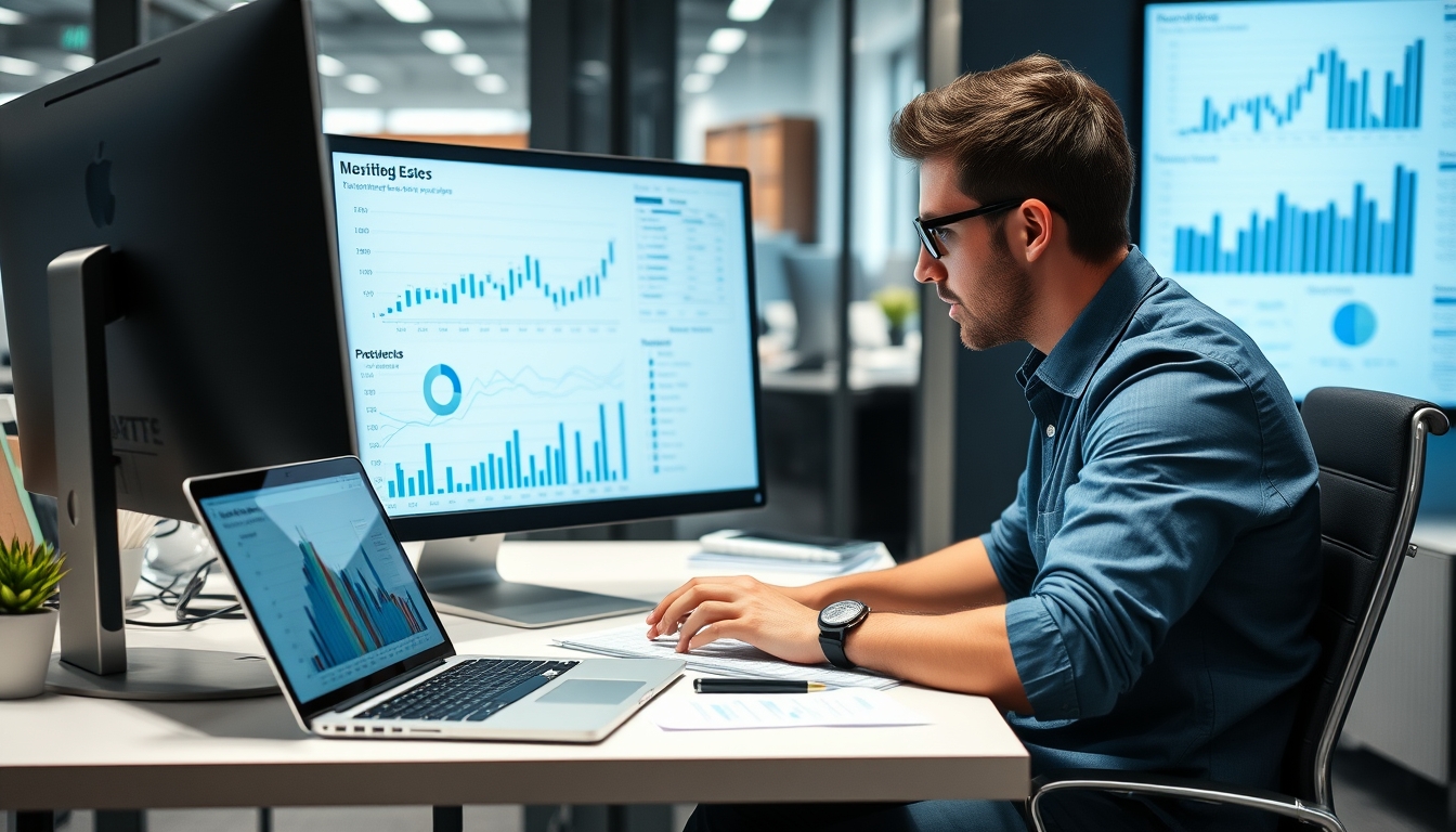 Male professional analyzing financial charts and spreadsheets on a computer and laptop at an office desk - data analysis, business strategy, and financial planning in a modern workplace setting. - Image