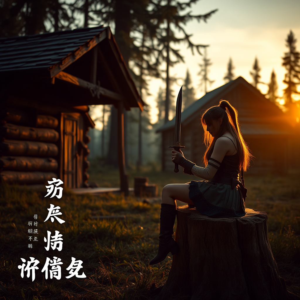 Real-life photography: In the evening, in the forest, there is a wooden cabin, and next to it, a female barbarian is sitting on a wooden stump, holding a dagger and looking at it. There are Chinese letters or Japanese letters. - Image