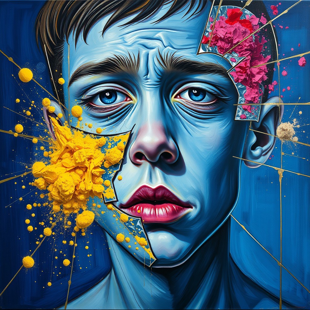 It's an oil painting in the style of Picasso, close up, a boy with blue skin and a broken, twisted face, surrounded by glass breakage and gold lines on a dark blue background, a colorful explosion of the spillage of powder. - Image