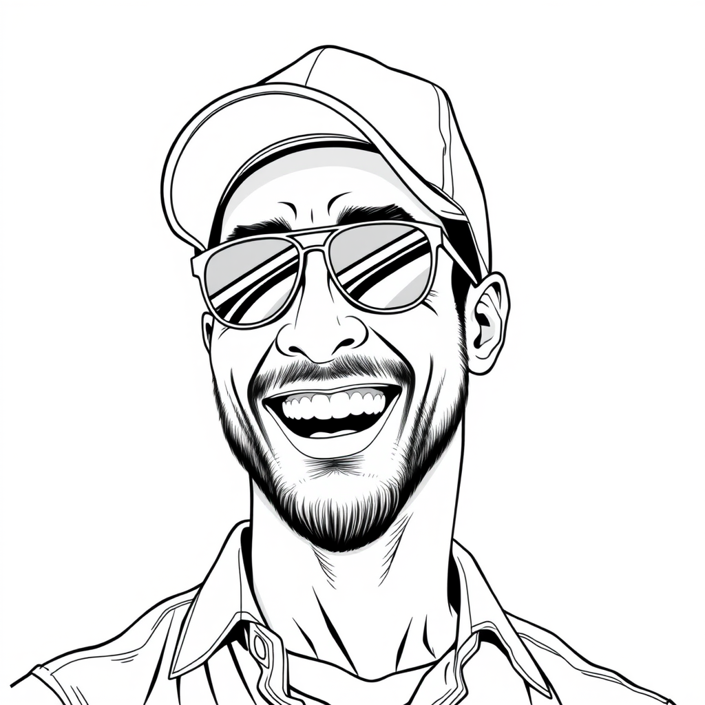 A cool black and white line drawing of a man around 35 years old, upper body only, wearing a baseball cap, Asian, with aviator sunglasses, a bit of facial hair, a tough guy, wearing a shirt, with a full, defined face, a muscular physique, clean and fresh skin, laughing heartily after winning.