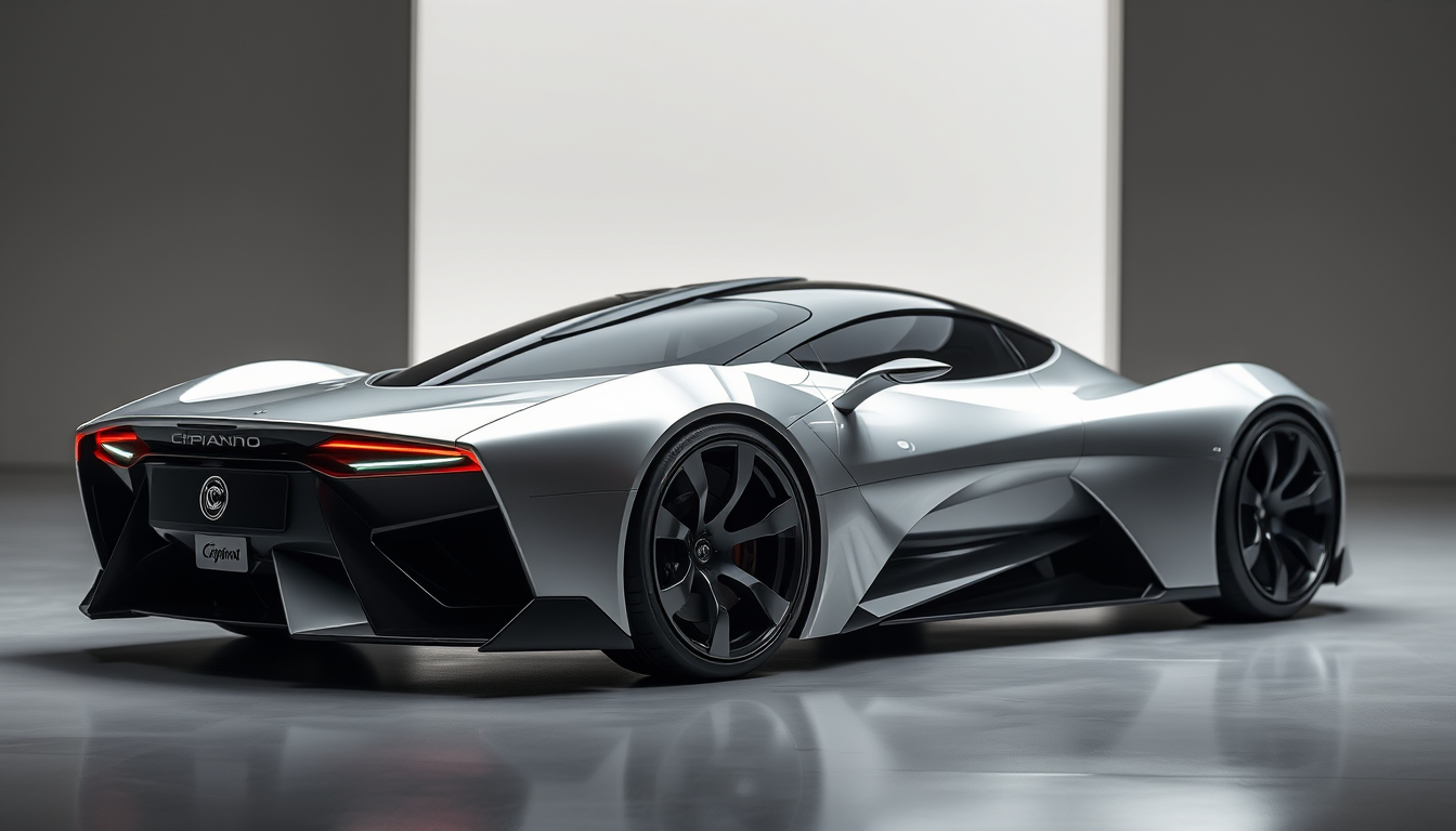 A stunning futuristic sports car with a stitched label that says "Ciprianno."