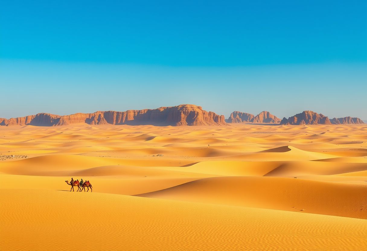 Vast, arid desert, golden sand dunes, endless horizons, high quality, photorealistic, tranquil, remote, camel caravan, nomadic, breathtaking, clear blue sky, oasis, solitude::1.2 cacti, desert flowers, rugged rock formations, starry nights, sandstorms, ancient ruins, dune bashing - Image