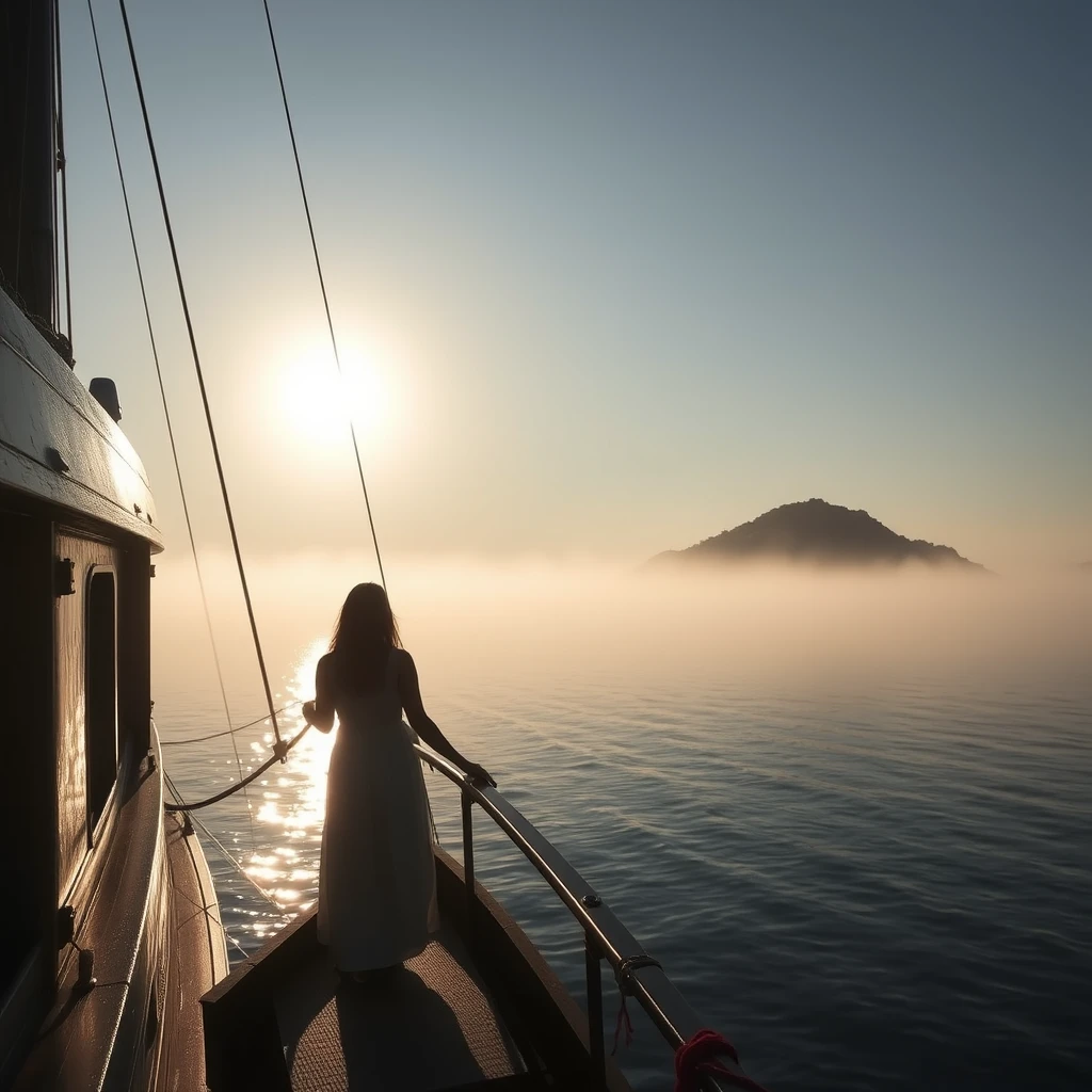 Woman at the bow of a ship, first rays of sunlight through mist, shimmering sea, pier fading in morning light, Cheung Chau Island silhouette, untouched sanctuary, serene and majestic, ethereal atmosphere, photorealistic style. Cheung Chau Island Hong Kong, high-definition.