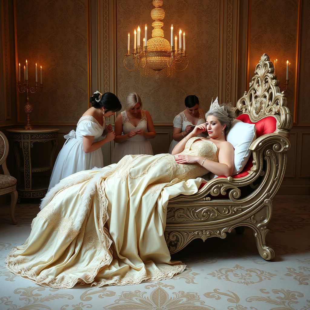 The beautiful, plump queen lay on a luxurious and exquisite chaise longue, while some maids massaged her back, some fed her fruit, some trimmed her nails, and some massaged her feet.