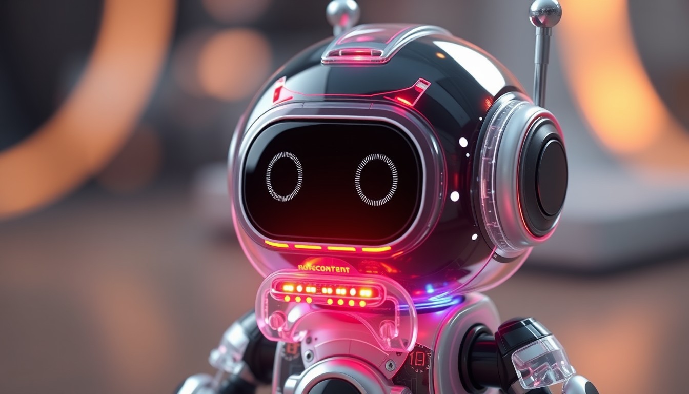 Cute aesthetic, a tiny cute translucent polycarbonate robot with an LED screen face, emoticon, stunning unreal engine render, intricate details.