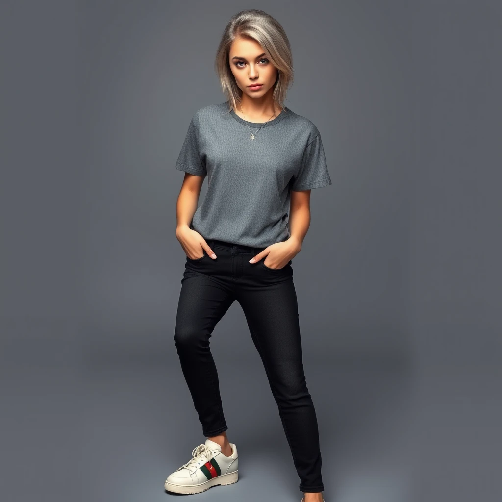 A young woman in a grey T-shirt, black jeans, and Gucci sneakers. Appearance: cool grey hair and large blue eyes, with an arrogant look. Professional photo. Full length.