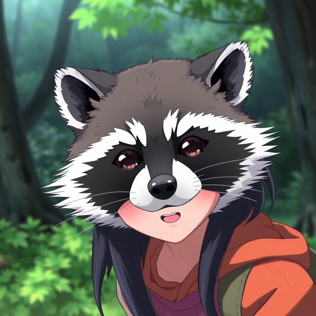 girl with raccoon face, anime.