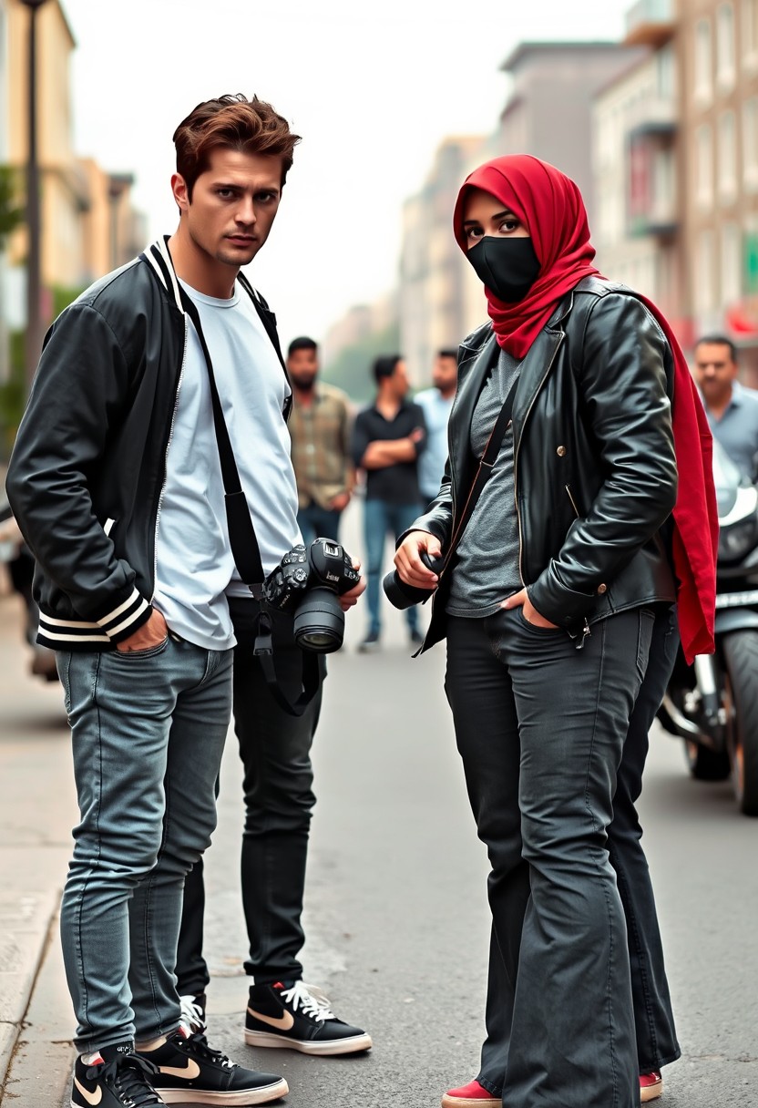 Jamie Dornan and Freddie Prinze, head and body shot, handsome, young, serious face, dark brown hair, white T-shirt, college jacket, skinny jeans, sneakers, standing, discussing with two guys and a short, slim Muslim girl in a red hijab, beautiful eyes, face mask black, black leather jacket, grey long T-shirt, bell-bottom cutting jeans, red sneakers, holding a DSLR Canon camera, near town road, superbike, hyper-realistic, street photography, full-body photo, three other random strangers in the background. - Image