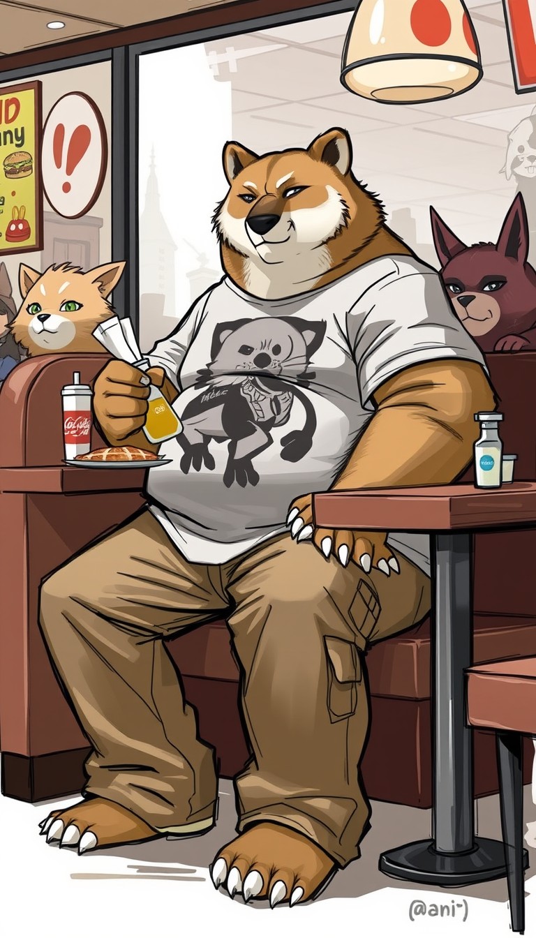 Anime, digital art sketch, anthropomorphic fat Bear Cougar hybrid, big wide tan cargo pants, large fantasy graphic T-shirt, wide waist overhang, sitting at a booth table, eating at a fantasy fast food restaurant, anthropomorphic animals in background.