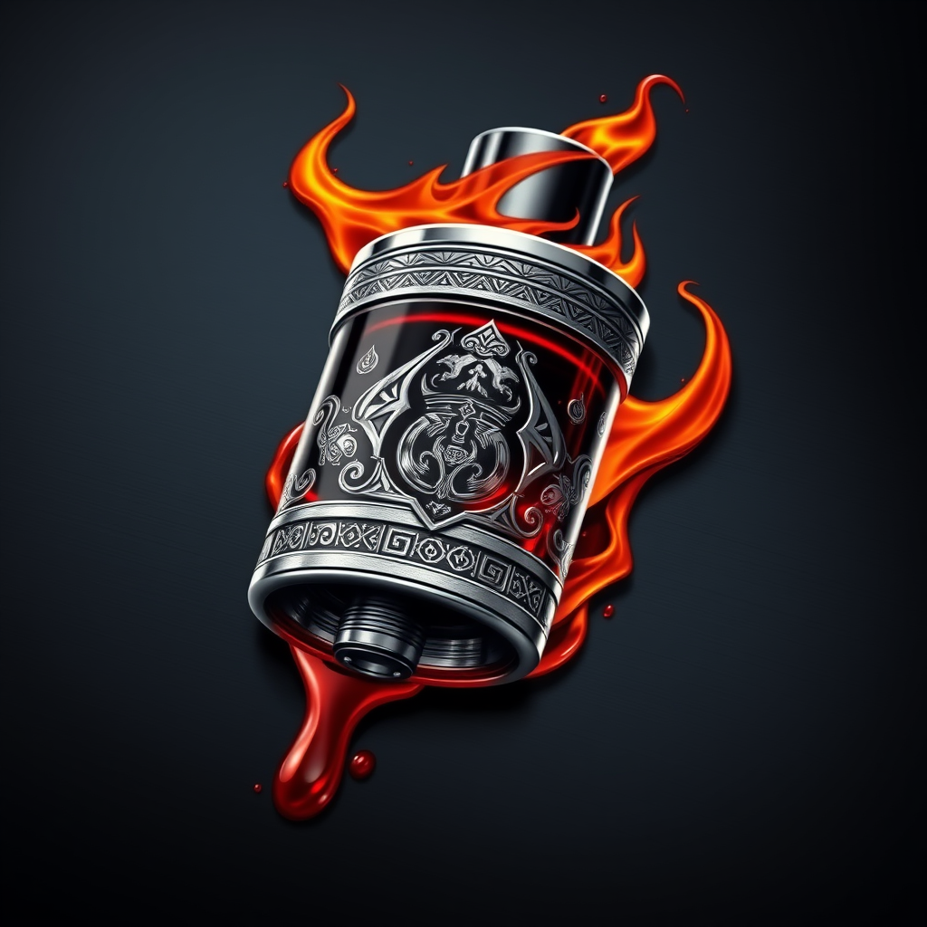 Hyper-realistic logo design for DoomVapes: Intricately detailed metallic vape tank, engraved with infernal motifs. Hellfire wisps curl around the device. Blood-red liquid seeps through cracks. Chthonic symbols etched on sleek surface.