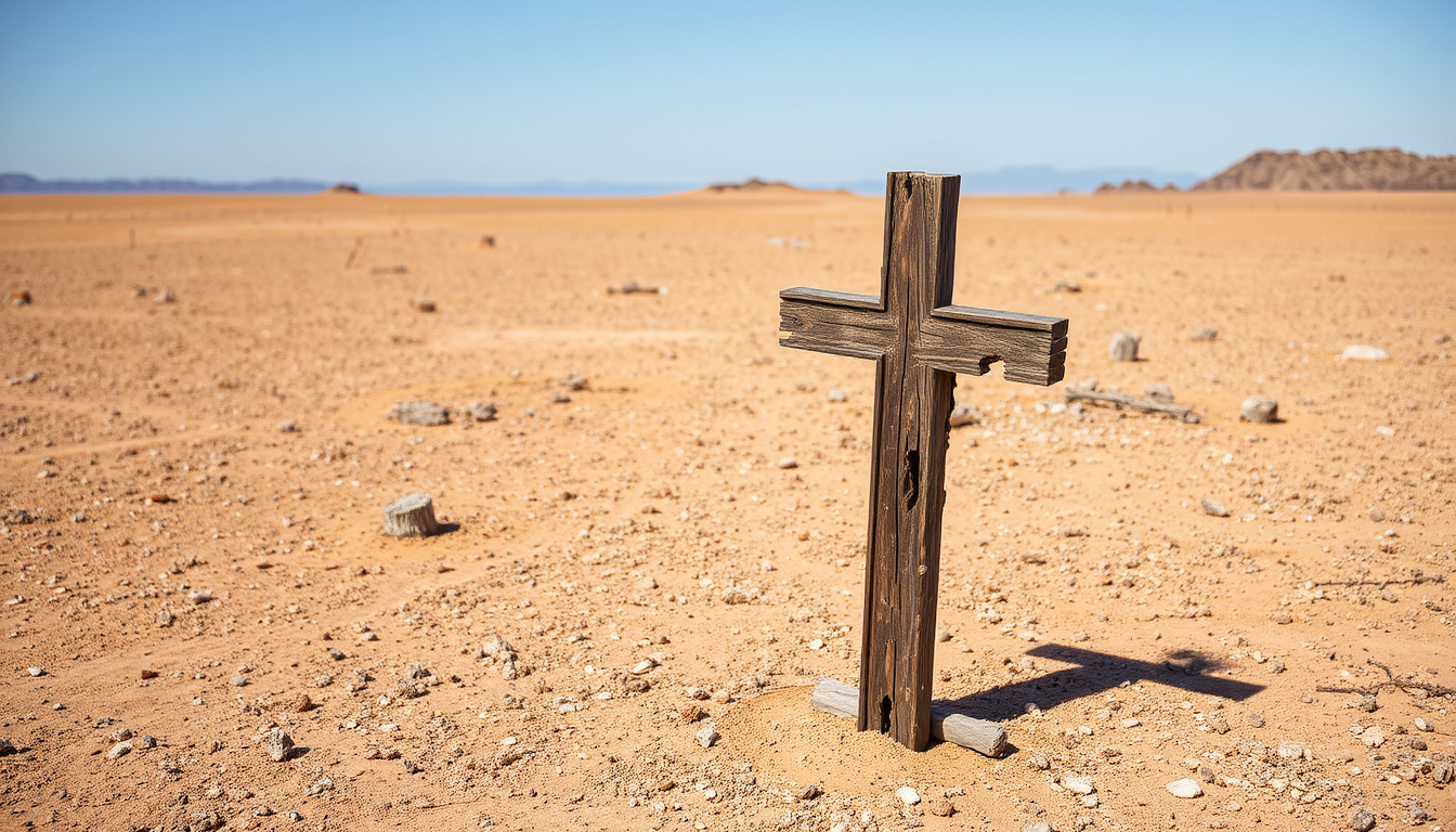 An old crumbling wooden cross planted in the middle of a barren desert. The cross is standing upright on the right side of the image. The cross is made of dark wood and appears to be old and weathered, with visible damage from wet and dry rot. The overall scene is desolate.