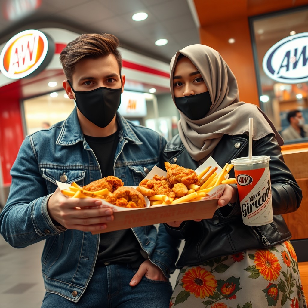 Jamie Dornan's head and body shot, handsome young man, black face mask, blue jeans jacket, jeans, dating a Muslim girl in a grey hijab with beautiful eyes, black face mask, black leather jacket, the biggest floral skirt, at an A&W fast food restaurant, with a plate of Korean fried chicken, 2 cups of fries, A&W soft drink, photorealistic, hyper-realistic, street photography, selfie.