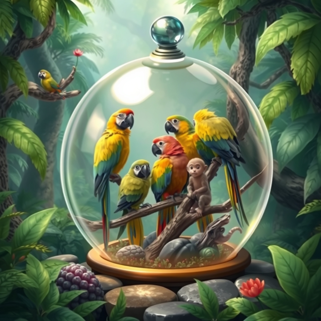 A magical rainforest scene with a glass dome containing parrots and monkeys.