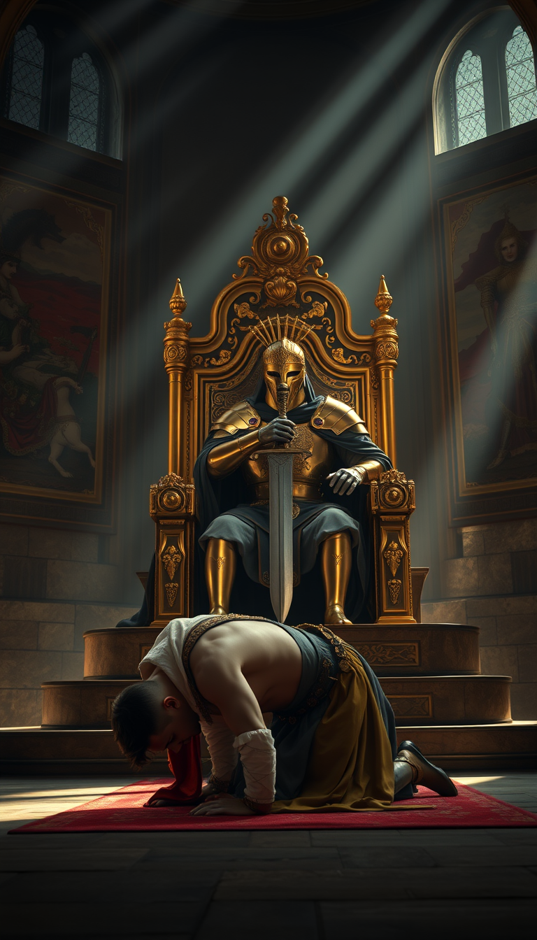 Main Character: A handsome and muscular king in ornate medieval royal attire, his head touching the ground, hands and knees on the floor, his body trembling slightly as he prostrates himself before the throne. He is positioned facing the throne directly.  
Background: A massive golden throne, intricately carved and adorned with precious gems, stands on a raised dais. The throne room is dimly lit, with shafts of light streaming through tall, arched windows, illuminating dust motes dancing in the air. Tapestries depicting scenes of heroic battles and mythical creatures hang on the stone walls.  
Supporting Characters: A man clad in full plate armor, his face obscured by the helmet's visor, sits upon the golden throne. His posture is rigid and commanding, one hand resting on the armrest, the other gripping the pommel of a sword that rests across his lap. He is seen in profile.  
Visual Style: Photorealistic, professional cinematic photography, sharp focus, dramatic lighting with chiaroscuro, rich and saturated colors, a sense of power and drama, high detail, epic scale.