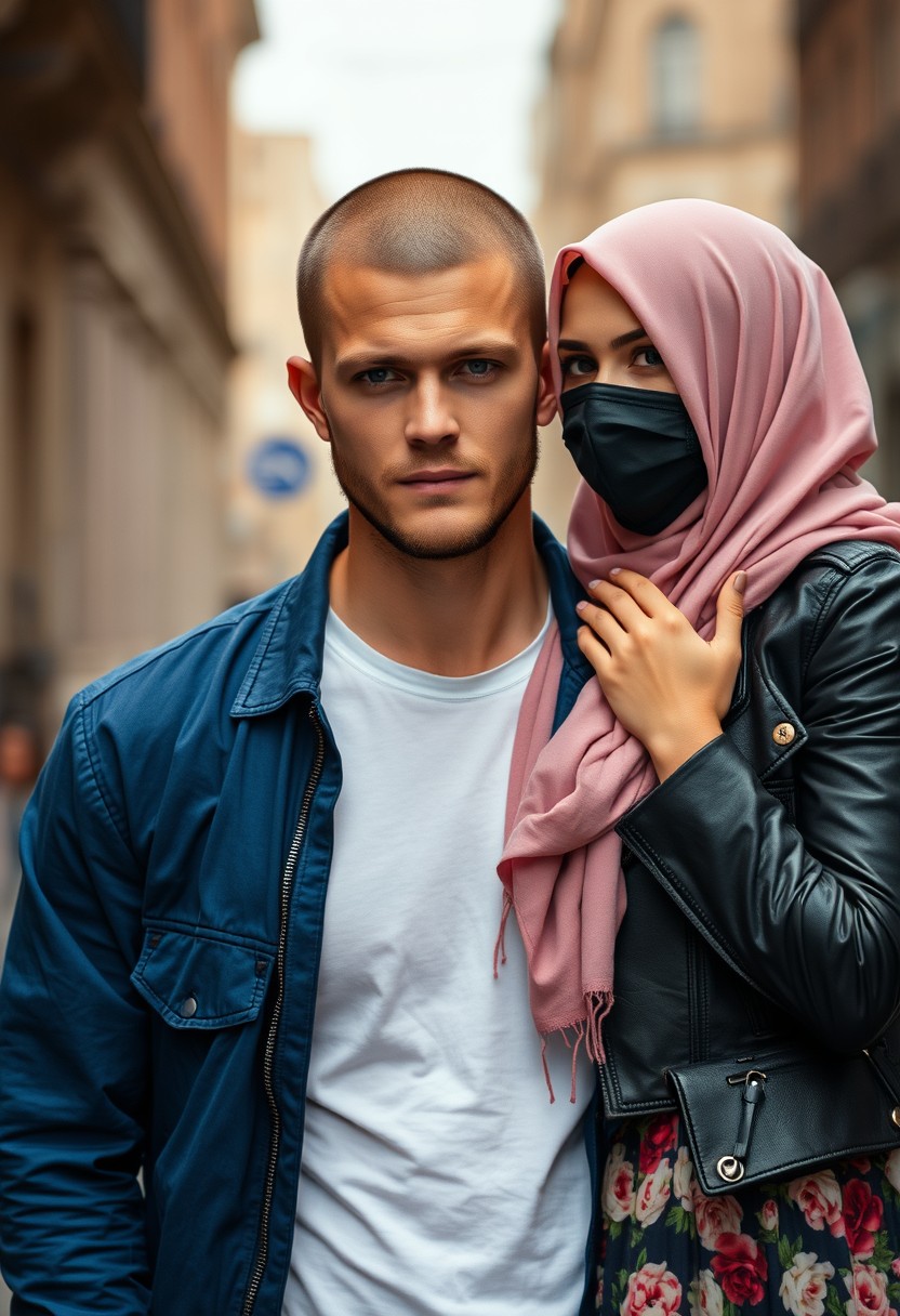 Jamie Dornan's head and body shot, handsome, young, shaved, white T-shirt, blue jacket, jeans, dating love with biggest soft pink hijab, black leather jacket, black face mask, biggest floral skirt, hyper realistic, street photography. - Image