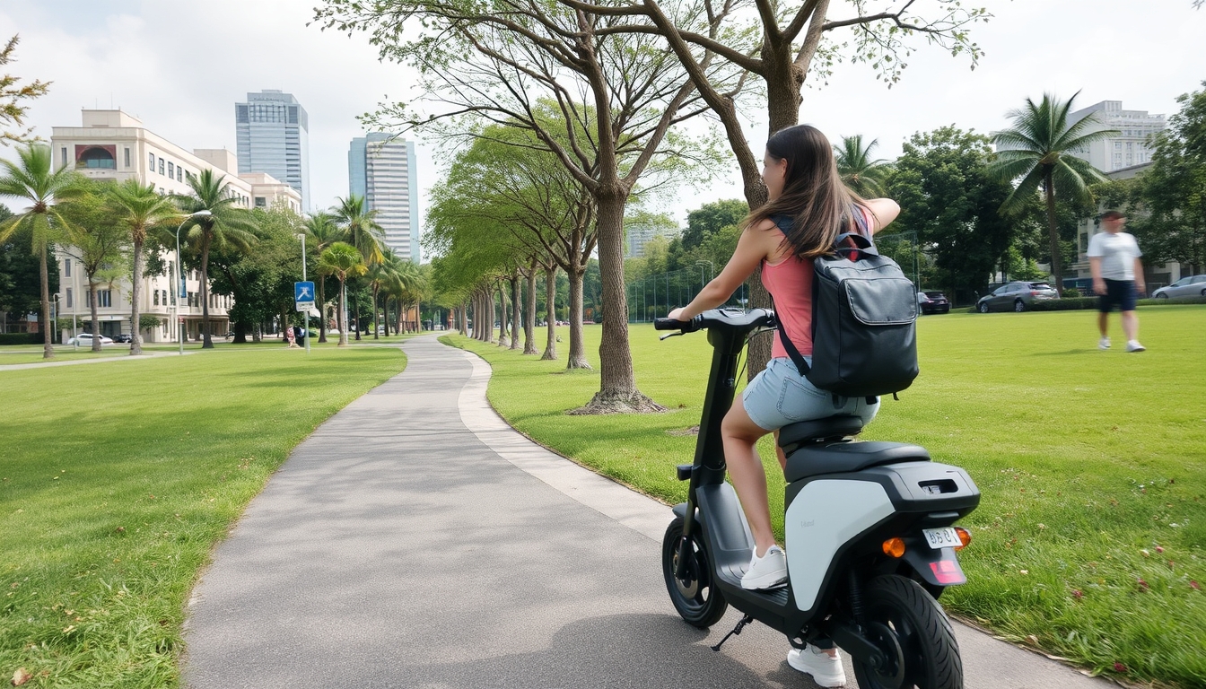 Woman riding an electric scooter on a tree-lined path in a sustainable city. - Image