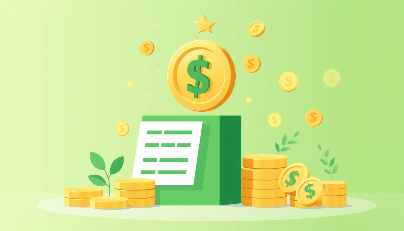 Startup funding illustration in green and gold with financial motifs.