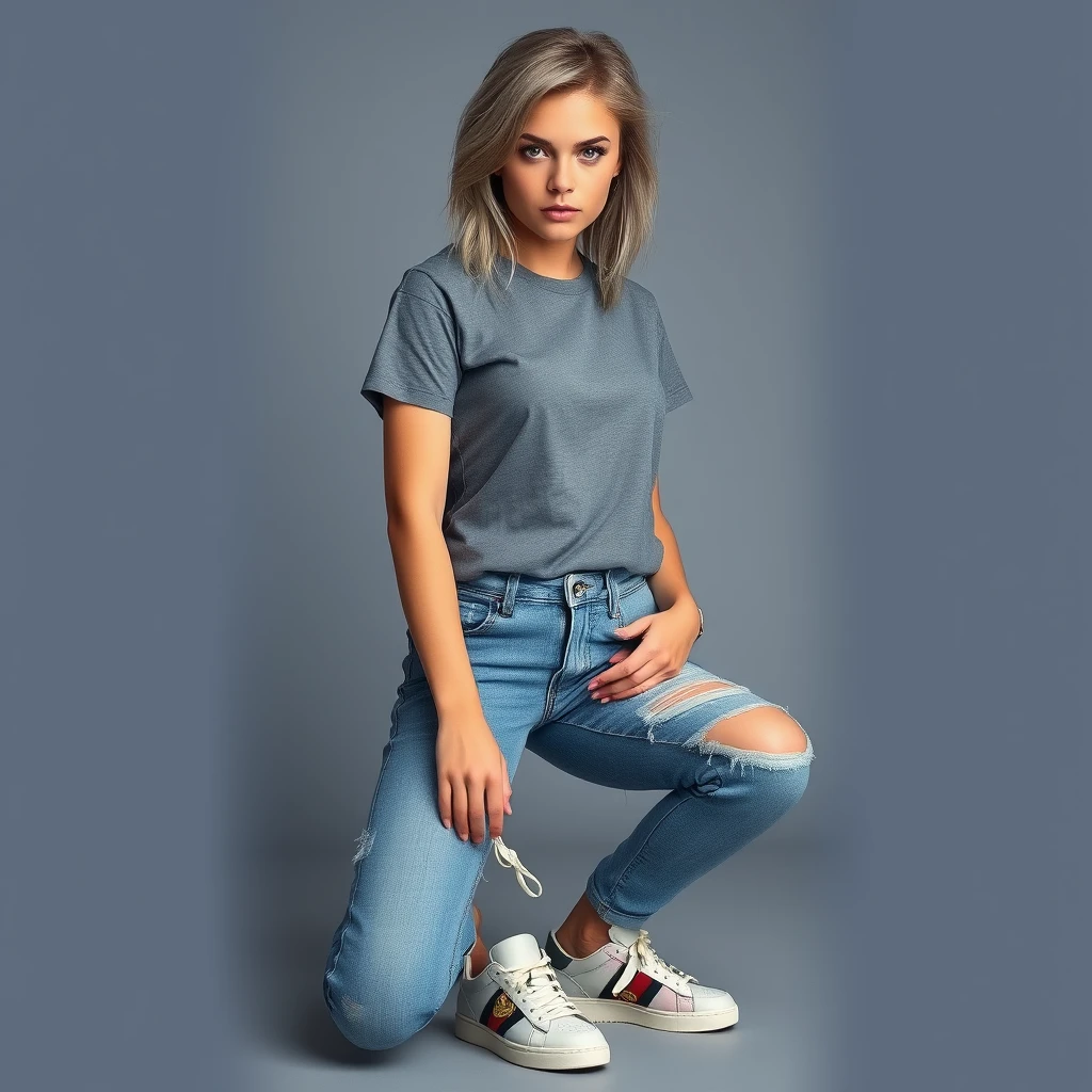 A young woman in a grey T-shirt, torn jeans, and Gucci sneakers on her feet. Appearance: cool grey hair and large blue eyes, an arrogant look. Professional photo. Full length. - Image