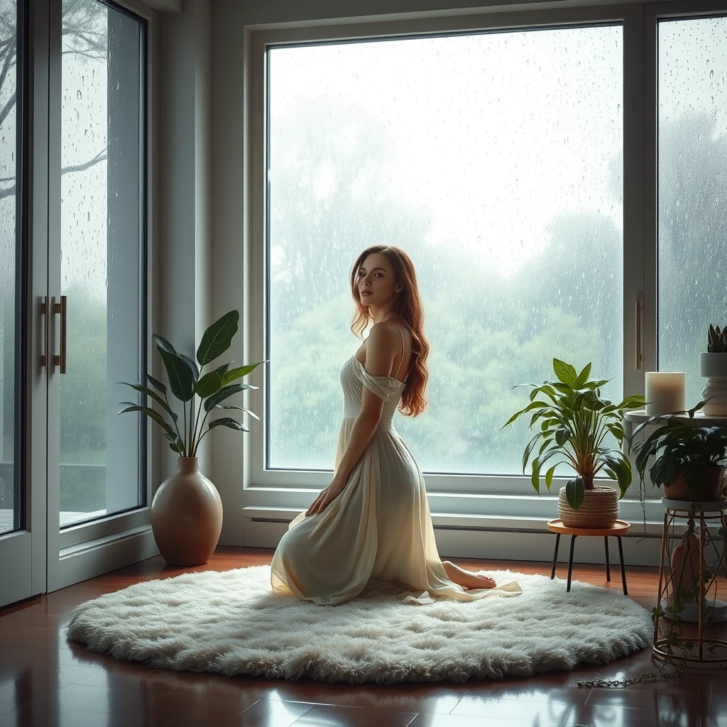 A realistic modern interior during a rainy day, with soft light filtering through rain-streaked windows, a serene woman kneeling gracefully on a plush rug, wearing an elegant flowing dress, surrounded by delicate houseplants and minimalist decor, raindrops gently tapping against the glass, creating a calm and soothing atmosphere, and a peaceful, contemplative expression on her face. - Image