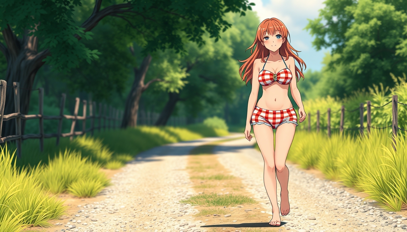 A beautiful adult girl wearing a striped bikini walking on a gravel country road, anime style, barefoot, smiling.