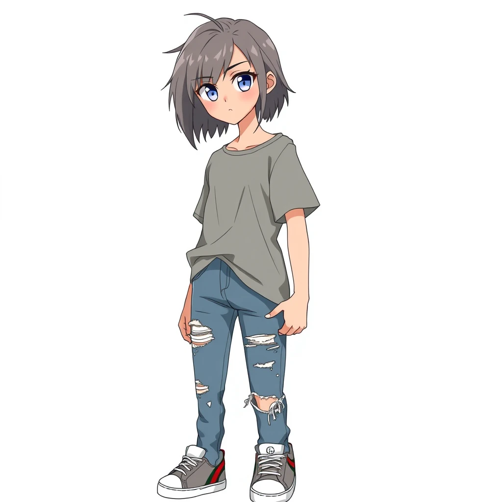 A teenage woman in a grey T-shirt, torn jeans, and Gucci sneakers. Appearance: cool gray hair and large blue eyes, arrogant look. Anime. Full length.