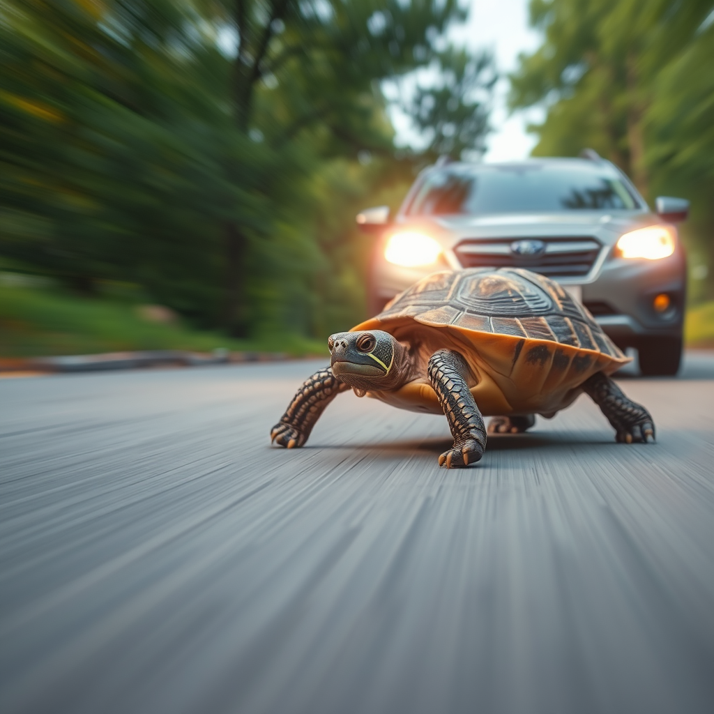 Super Slow Motion Shot of a turtle chasing a car moving towards the camera.