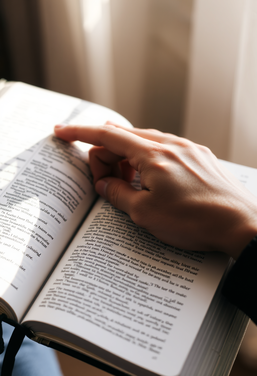 Depict a close-up of a person's hands holding an open Bible, with light shining on the pages.