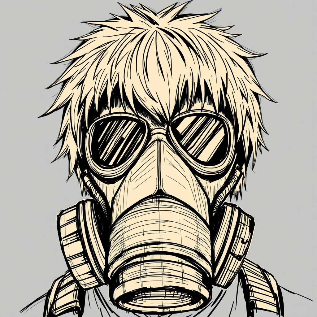 Create an illustration in the same style as the provided image, which features a character with a gas mask and distinct, sketchy line work. The character appears to have hair or fur covering the top of the head, and there are dark areas around the eyes that suggest goggles or protective eyewear integrated into the gas mask. The style is gritty and heavily textured, with cross-hatching and scribble-like lines creating depth and shadow.