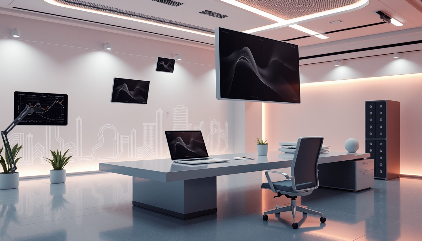 Futuristic Minimalist 3D Workspace with Floating Digital Devices on Business Background - Image