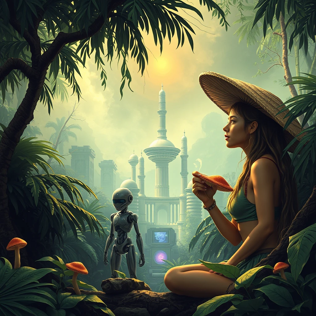 A male and female go on a spiritual quest in the Amazon Jungle and have a psychedelic experience by smoking mushrooms. They journey to the center of the jungle and find a futuristic city that has robots selling cigarettes. - Image