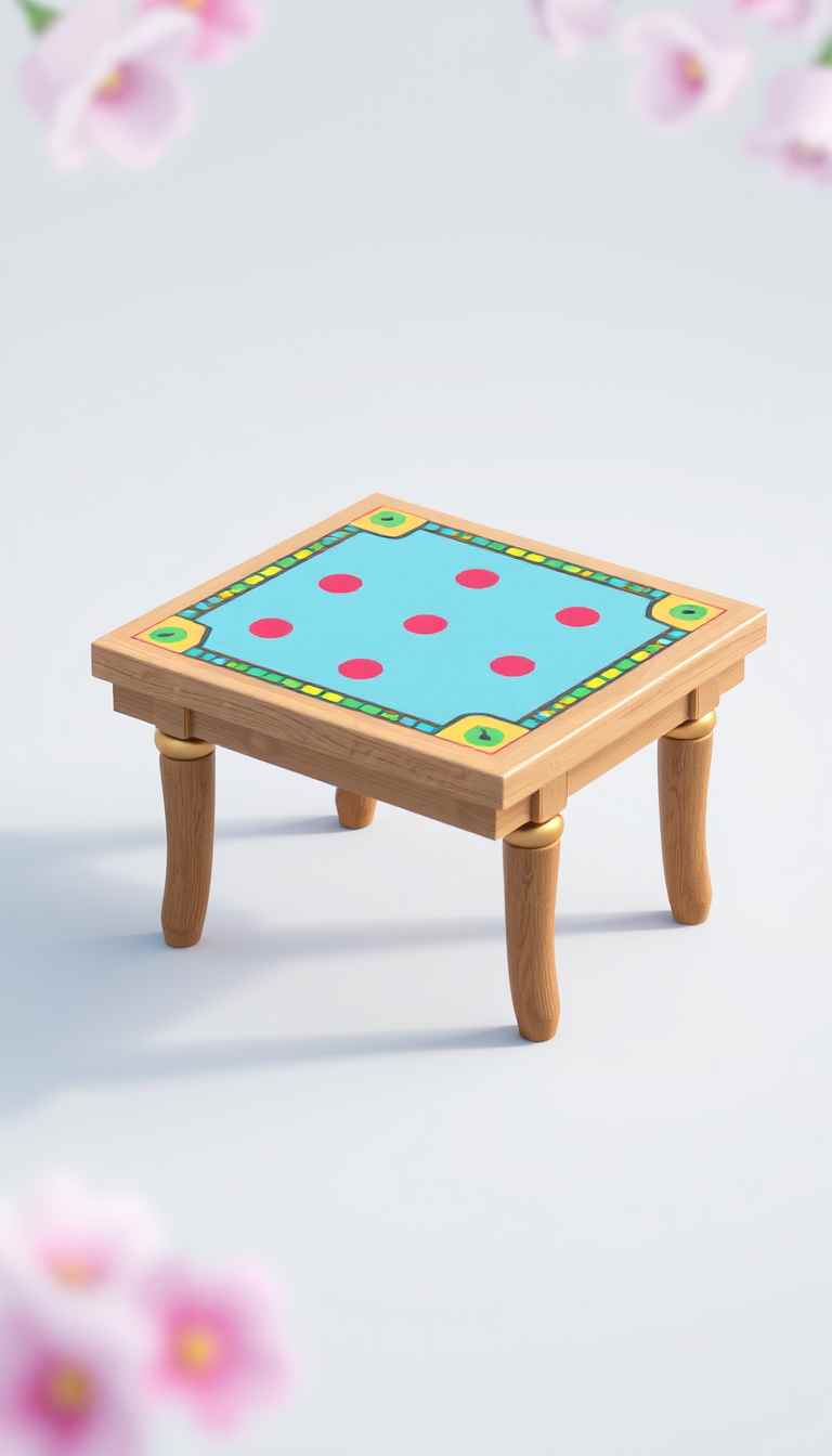 The image presents a 3D rendering of a table. The game table, made of wood, is the central focus of the image. It is a square table with legs, the top has a multicolor border and the middle part is aqua blue. The background is beautiful, the overall mood is playful, suitable for digital game art. - Image