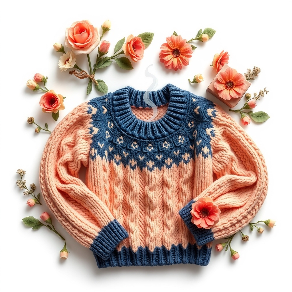 cozy-themed items, floral items, a detailed knit sweater, steaming mug, books, all arranged and isolated on a white background, peachy, navy and coordinating colors, trending cozy style, Folk art, 2d, icons, trending junk journal style, sticker art, hyper-realistic, high quality