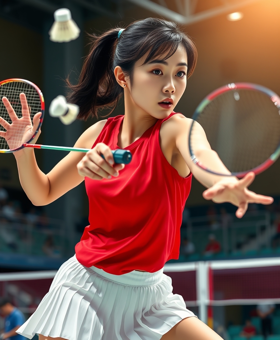 A detailed, realistic portrait of a young woman playing badminton in an indoor sports arena. The woman is wearing a bright red jersey and is mid-swing, her body in a dynamic, athletic pose as she focuses intently on the shuttlecock. The background is blurred, with glimpses of the court, net, and spectator stands visible. The lighting is natural and directional, creating shadows and highlights that accentuate the woman's features and muscular definition. The overall composition conveys a sense of energy, movement, and the intensity of the game. The image is highly detailed, with a photorealistic quality that captures the textures of the woman's clothing, skin, and the badminton equipment. A woman with a beautiful face like a Japanese idol; she is wearing a white pleated skirt. Badminton rackets and shuttlecocks with dynamic swings and motion blur. Depiction of the human body with a flawless personality. - Image