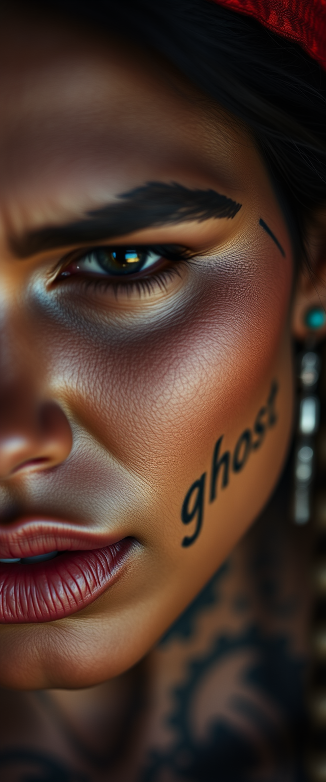 Close-up view of the tattooed face of a muscular, beautiful Indian woman with striking jaw features, with the word "ghost" written. - Image