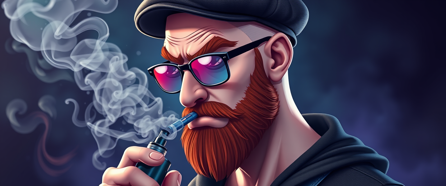 Three-quarter view of a sinister, bald cartoon human male with demonic features. Short ginger beard contrasts with dark eyebrows. Wears a weathered flatcap and reflective aviator glasses. Clutches a sleek vapemod, exhaling dense, swirling vapor clouds. Vibrant, e-liquid drips off his pale skin, creating a colorful aura. Hyper-realistic, high detailed, photographic.