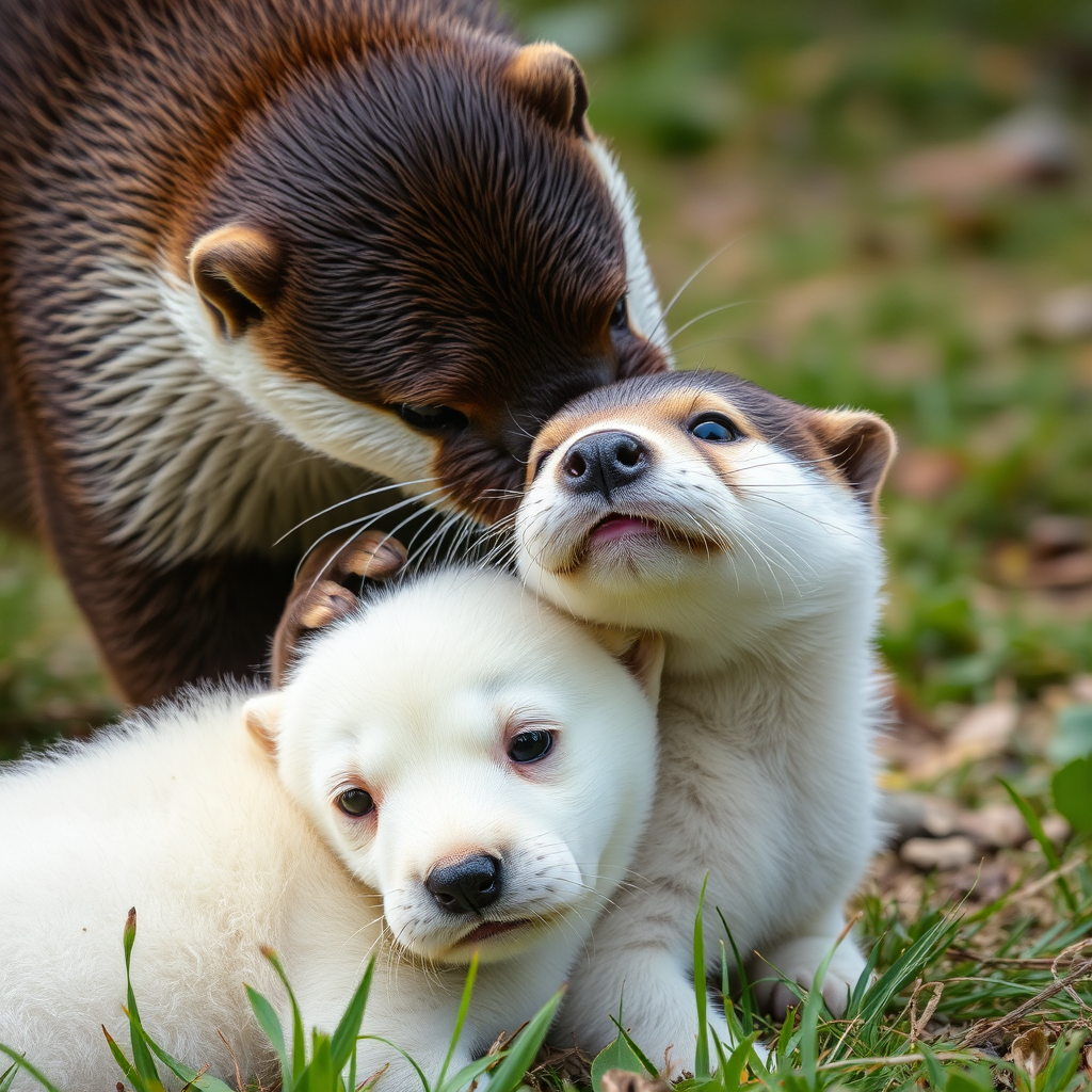 Otter stroking the head of a white puppy, real photo, Korean countryside. - Image